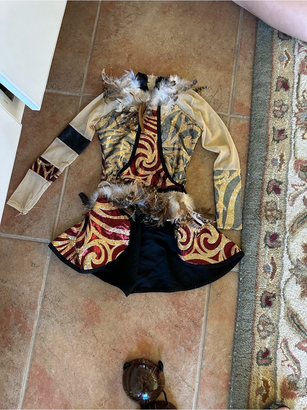 Gold & Burgundy Decorative Coat with Feather Trim